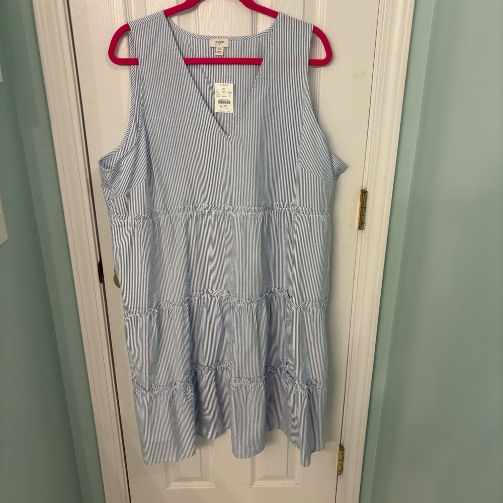 NWT J Crew seersucker Dress blue and white 20w